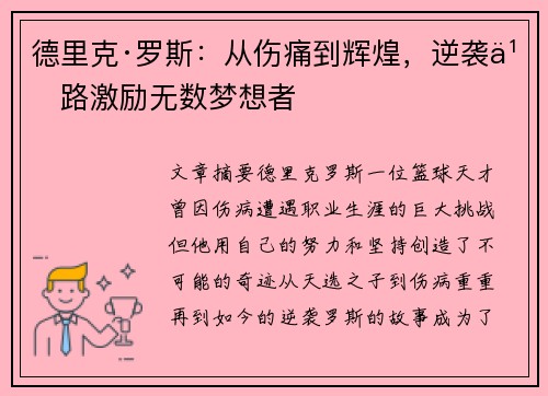 德里克·罗斯:从伤痛到辉煌,逆袭之路激励无数梦想者
